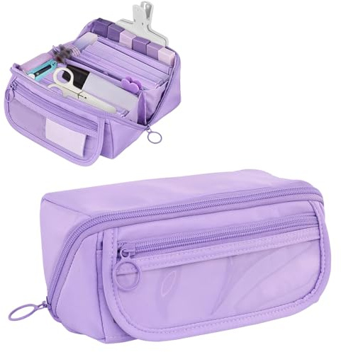 Aleshime Pencil Case Large Capacity for Boys Girls, Big Storage Pencil Pouch Pencil Bag with 9 Compartments, School Office Stationery Organizer for Teenage Adult Women Men (Purple)