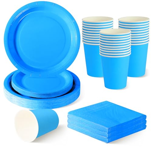 ZblPyro 120pcs Sky Blue Party Plates Cups and Napkins for 30 Guests | 7-inch & 9-inch paper plates, cups, napkins, baby shower for boy, naming ceremony, summer party