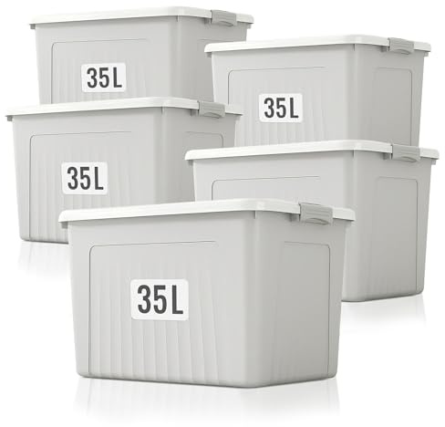Froppi Storage Boxes - Plastic Storage Boxes with Lid, 5 Pack 35L (Grey) | L49 W35 H26 cm, Stackable, Lockable Lid, Large Capacity, Side Handles, Top Handle, Easy to Use, Portable, Quality Plastic