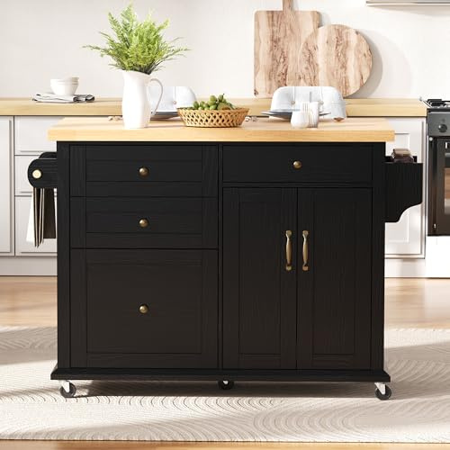 xixiworkshop Küchenwagen mit 5 Rollen,Kücheninsel mit Klappbaren Arbeitsplatte,Küchenschrank mit 4 Schubladen,1 Doppeltür-Aufbewahrungsschrank,107 * 45(70)*90.5cm(L×W×H) Schwarz