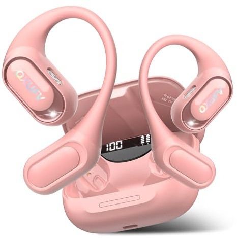 Open-Ear Headphones, Bluetooth 5.4 Wireless Earbuds Deep Bass, 48H True Wireless Bluetooth Earphones with Mic, Adjustable Earhook Open Ear Earbuds, IPX7 Waterproof Earphones for Running/Fitness, Pink