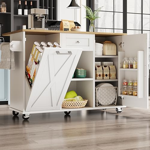 ModernLuxe Kitchen Island with Rubbish Bin Cabinet, Multifunctional Kitchen Trolley with Storage Space, Snack Shelves and Extendable Cabinets, White Storage Unit, 142×40×87 cm (Excluding Dustbin)