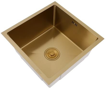 Fregadero de cocina de 45 x 45 cm, de acero inoxidable, rectangular, empotrable con rebosadero, 1 lavabo, fregadero para bajo encimera con filtro de desagüe (dorado)