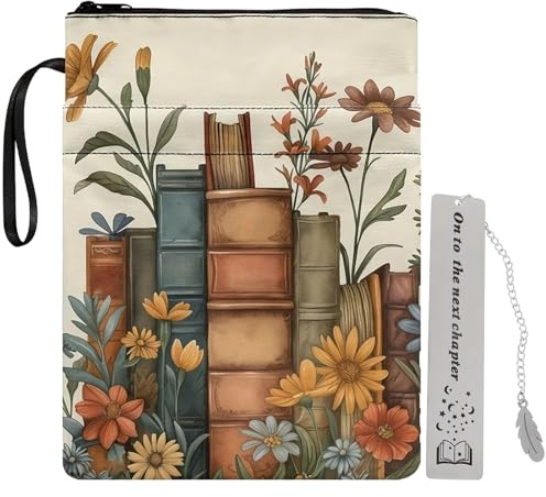GIONAR Zipper Book Sleeve, Book Cover Sleeve with Zipper and Front Pocket | Book Pouch Protector, 11.4×8.2 Inch, with 1 Stainless Steel Bookmark, for Most Books, Kindle, A5 Notebooks(Floral Design)