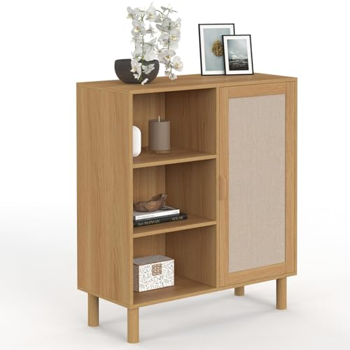 IDMarket - Beistellbuffet mit 3 Regalen und Schrank 70 cm Robin Aufbewahrungsmöbel aus Holz und Stoff mit Leineneffekt