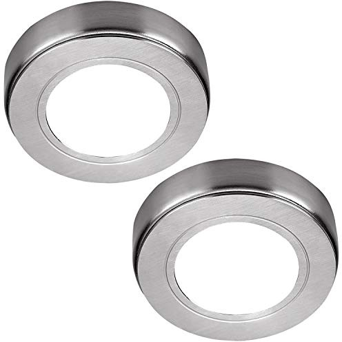 Loops 2 Pack | Bright 2.6W LED Under Cabinet Spot Lights & Driver Kit | Kitchen Worktop Countertop Cupboard Unit Down Light | Modern Round Lighting Brushed Nickel 2 Lights & Driver