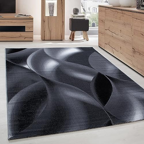 Carpettex Teppich Wohnzimmer Kurzflor 80 x 150 cm Läufer Flur Teppich Schwarz Modern Abstrakt Wellen Design -Teppich Schlafzimmer Flauschig Weich Waschbar Küchenläufer Esszimmer Wohnzimmerteppich