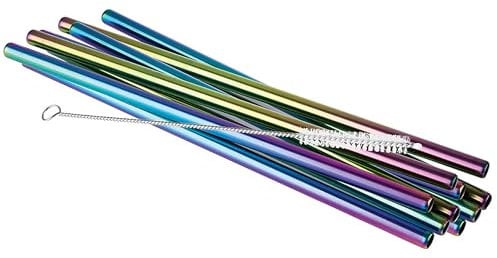 APS 93385 Trinkhalme aus Edelstahl, 10er-Set, inkl. Reinigungsbürste, Ø 8 mm, Länge 21,5 cm, Regenbogen-Look