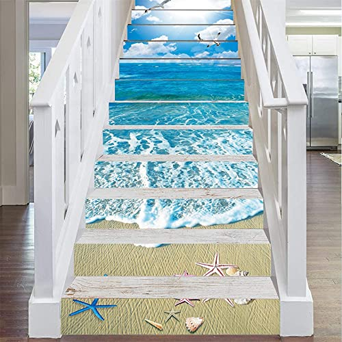 FLFK 3D Sonnenschein Ozean Strand Selbstklebend Treppen Aufkleber Vinyl Abnehmbare Aufkleber für Treppenhaus Zuhause Dekoration 39.3Zoll x7.08Zoll x13 stücke