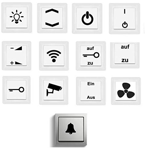 generisch Schalter Aufkleber Set 13 teilig, Schalter Beschriftung Glocke Klingel Licht Schlüssel Auf zu (125/4) (grün Glanz)