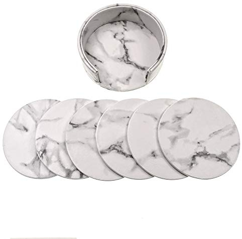 JZK 6 x Weiß Marmor Effekt Leder Untersetzer mit Halter, 9,7 cm Runde Coasters Untersetzer-Set für Tassen Glas Tassen