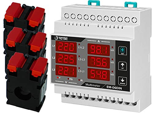 Tense EM-06DIN Einbaumesgerät Multimeter zur Messung von Strom (600mA - 40A), Spannung und Frequenz in 3-phasigen Netzwerken - Inkl. 3x ATM-40 Stromwandler