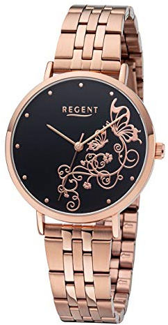 REGENT Damenuhr 35 MM mit Schmetterling Motiv Rosegoldfarben/Schwarz BA-613