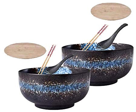 Japanese ceramic ramen bowl, large deep inner bowls, Set of 2, with lid Spoons Chopsticks, Ramen, Pho, Noodle Soup, Udon, Donburi