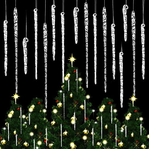 24 Pieces Clear Glass Icicle Christmas Tree Ornaments 4 Sizes 2.4-7.1 Inch Twisted Clear Icicle Drop Ornaments Xmas Icicles Pendant Hanging Decorations for Christmas Wedding Holiday
