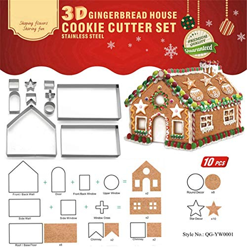 JasCherry Cortadores de Galletas de Navidad 3D, Molde para Galletas Casa de Pan de Jengibre de Acero Inoxidable de 10 Piezas - para Hornear Pasteles Decoración de Pastelería (caja de regalo)