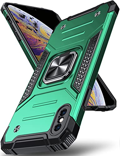 DASFOND Armor Hülle für iPhone X/10 iPhone XS Case mit Kameraschutz Militär Stoßfest Handyhülle [Upgrade 2.0] 360 Grad Metal Ring Ständer Schutzhülle [für Handyhalterung Auto Magnet],Dunkelgrün