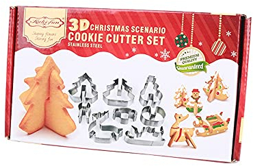 HANHAN 3D-Ausstechformen für Weihnachtsplätzchen, Edelstahl, für Weihnachten, Kekse, Schneemann, Elch, Weihnachtsbaum, Schlitten, Geschenk-Box-Verpackung (8 Stück)