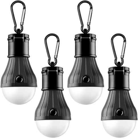 FLY2SKY Portable LED Tent Lamp Emergency Lights with Hook, Hurricane Bulb Lantern Equipment for Camping, Hiking, Backpacking, Fishing Outage, Multicolor, 4 Pack