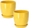 KOTARBAU® Lot de 2 pots de fleurs, en céramique, pour fleurs, plantes, diamètre : 15 cm, avec bac d'égouttement, jaune