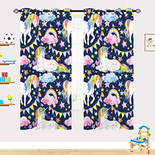 Yuanzu Regenbogen-Einhorn-Vorhänge für Kinder und Mädchen, bunt, Aquarell, Rosa, Blau, Wolken, Sterne, Vögel, Thermo-Fenstervorhänge für Baby-Schlafzimmer, 2 Vorhänge (BxT): 75x166 cm