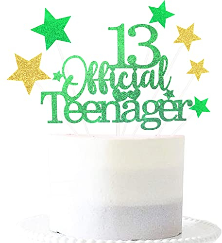 Pargleev 13th Glittery Personalised Birthday Gifts:Official Teenager13 Cake Topper with Stars-Thirteen Years Old Birthday Party Supplies for Boys and Girls,Decorations,Keepsakes and Green Gold