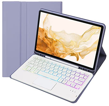 Bueuwe Étui Clavier pour Samsung Galaxy Tab S8 & Tab S7 11 Pouces (SM-X700/X706/T870/T875/T878) - QWERTY Clavier détachable sans Fil - Rétroéclairage 7 Couleurs,Violet