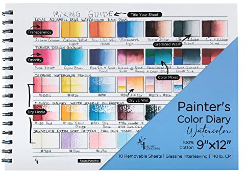 HG Art Concepts Painters Color Diary - 9x12 140lb Spiral-Bound Acid-Free Color Swatch Book with 10 Pages for Watercolor & Mixed Media - 5-Pack