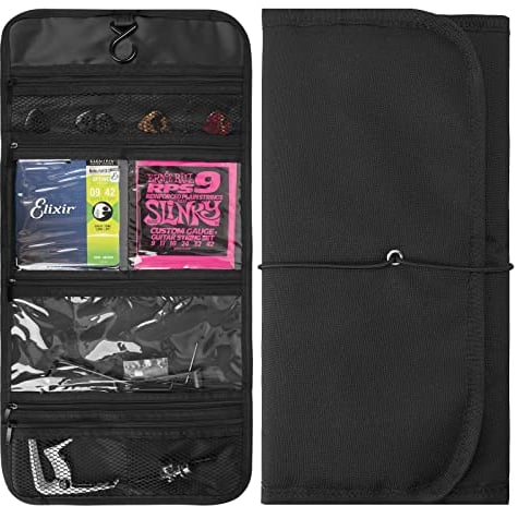 Musiin Gitarren-Zubehör-Organizer-Tasche, faltbar, leicht zugänglich, Taschen, Plektren, Gurt, Kapodaster, Saitenhalter, Aufbewahrung (schwarz)