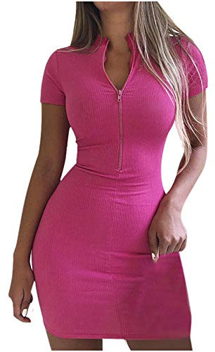 TRIGLICOLEUM Etuikleid Damen Sexy Einfarbig Slim Fit Wickelkleid Reißverschluss Minikleid mit V-Ausschnitt Kurzarm Sommerkleid Bodycon Hüftkleid Bleistiftkleid Clubkleid Strandkleid Kurze Partykleid