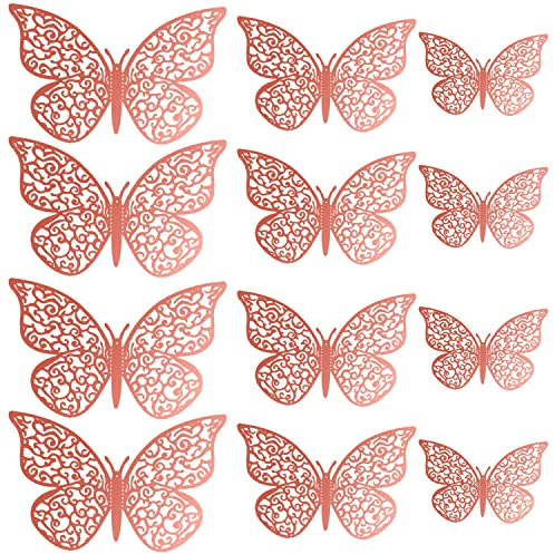 ALLY-MAGIC 3D Butterfly Cupcake Toppers 12 Pcs Butterfly Cake Decorations Mixed Size Hollow Butterfly Cake Toppers for Birthday Wedding Party Wall Decoration Y4-FZHDZS ((P-Rose Gold)