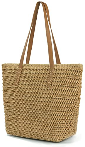 Stroh Strandtasche für Frauen, große Strohtasche mit Reißverschluss, Retro Sommer gewebte Tasche Strand Reise Handtasche, handgefertigte Boho Casual Stroh Schultertaschen für Strand Pool Beruf (Brown)