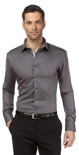 Vincenzo Boretti Herren Hemd bügelfrei 100% Baumwolle Slim-fit Uni-Farben dunkelgrau 41-42