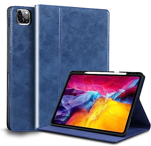 Gexmil for iPad Pro 12.9 Inch Case 2022/2021/2020/2018(6th/5th/4th/3rd Generation) with Pencil Holder,Auto Wake/Sleep,Genuine Leather Case with Stand,Oil Wax Blue