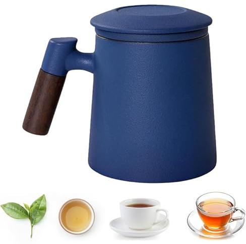 Juego de Taza Infusiones con Tapa y Filtro, Taza Te, Taza de Té Grande, 400ml, Juego de Tazas de Té de Cerámica con Mango de Madera para Evitar Quemaduras, Taza de Té para Regalos, Hecha a Mano