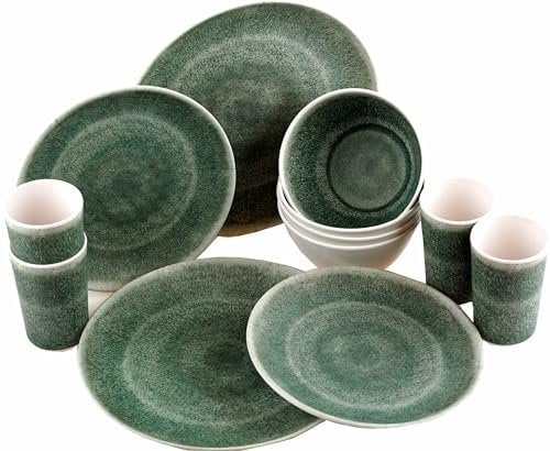 Reusable Quality Melamine Plastic Dinner Set Plates Bowls Cups 16 Piece - Green