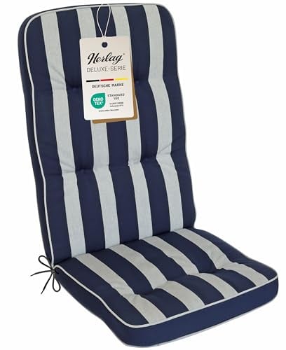 Herlag Hochlehner-Polsterauflage Tilly 123x50x7cm | Stuhlauflage Blockstreifen 7cm | Auflage Hochlehner-Gartenstuhl | Deluxe-Serie extra hoher Komfort | Öko Tex 100 | Blau-Gestreift