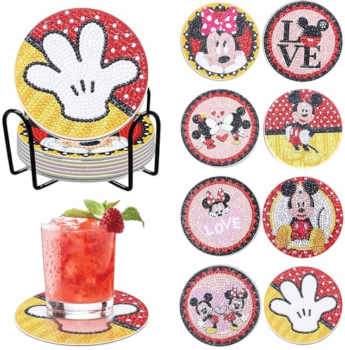 8 Stück Diamant Malerei Untersetzer mit Halter, DIY Mickey Minnie Diamant Malsets für Erwachsene Kinder Anfänger Getränke Untersetzer 5D Cartoon Diamant Kunst Untersetzer Bastelbedarf