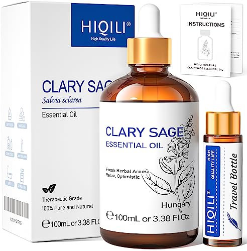 HIQILI Huile Essentielle de Sauge Sclarée, Pure Naturelle pour Huile Essentielle pour Diffuseur, Aromathérapie