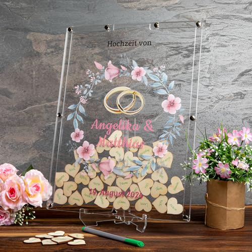 Gästebuch Hochzeit personalisiert | Ringe und Eukalyptus | Hochzeit Gästebuch Alternative mit 70 Holzherzen | Hochzeitsgästebuch mit Personalisierung aus Acrylglas | Hochzeitsdeko für den Empfang