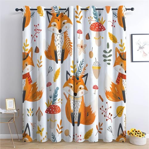 Verdunkelungsvorhänge Kinderzimmer Fuchs & Pilz Motiv - H245 x B280 cm (2er Set) - Blickdichte Thermo Gardinen für Babyzimmer & Schlafzimmer - Waldtiere Vorhang mit Ösen, Lärmminderung