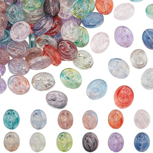 PH PandaHall 96PCS 12 styles de Perles de Verre Faites à la Main en Cristal de Verre Perles D'Espacement en Vrac 18.5x15mm Perles Ovales Plates en Forme de Fleur Sculptée pour Collier Bracelet Bijoux
