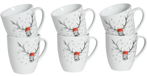 CreaTable, 21497, Serie Luna Hirsch, 6-teiliges Geschirrset für 6 Personen, Becherset aus Porzellan, spülmaschinen- und mikrowellengeeignet, Qualitätsproduktion