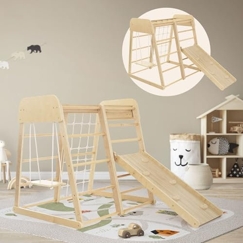 Joyz 6in1 Set d'Escalade Intérieur avec 3x Échelle, Planche à Grimper/Glisser, Filet à Grimper, Barres de Singe et Balançoire, Jouet d'Escalade en Bois, Multifonctionnel pour Enfants à Partir de 3 Ans