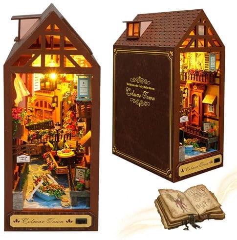 MeYuxg Book Nook DIY Kit, Maison Miniature avec Meubles et Lumières LED, Décoration de Book Nook, Puzzle en Bois 3D Miniature, Serre-Livres d'art, Cadeaux d'anniversaire et de Vacances(Années)