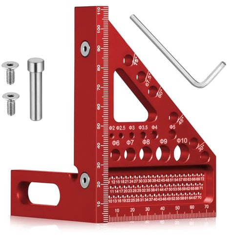 QINGYIWL 3D Gehrungswinkel, 22.5°-90° Winkelmesser für die Holzbearbeitung, Aluminiumlegierung Hochpräzises Layout Messwerkzeug, Zimmermannswinkel, Anreißwerkzeug für Tischler, Ingenieur (Rot)