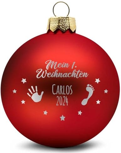 GRAVURZEILE Weihnachtskugel mit Gravur - Mein erstes Weihnachten - Personalisiert mit Namen & Jahr - Festliche Christbaumkugel für die Weihnachtsdeko - Farbe: Rot Matt - Größe: 8 cm