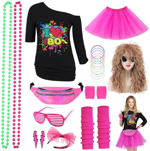 80er Jahre Outfit Damen, Neon Kostüm Damen Faschingskostüm 80er Jahre Erwachsener Mottoparty Outfit Kleidung für Karneval Fastnacht mit Neon Zubehör Tüllrock Gürteltasche Stirnband, Rot, G086L
