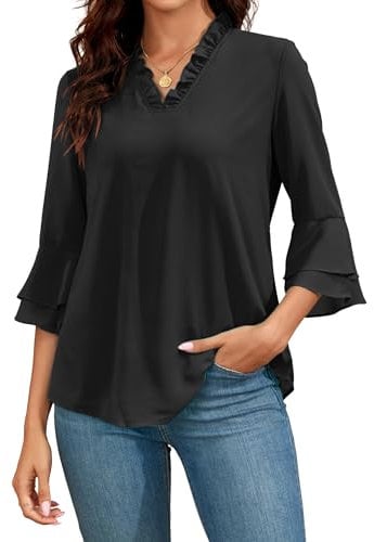 Famulily Women's Blouses 3/4 Bell Sleeve Tops Ruffled V Neck Double Layered Chiffon Pleated Shirts (L, Black)