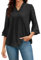 Famulily Women's Blouses 3/4 Bell Sleeve Tops Ruffled V Neck Double Layered Chiffon Pleated Shirts (L, Black)